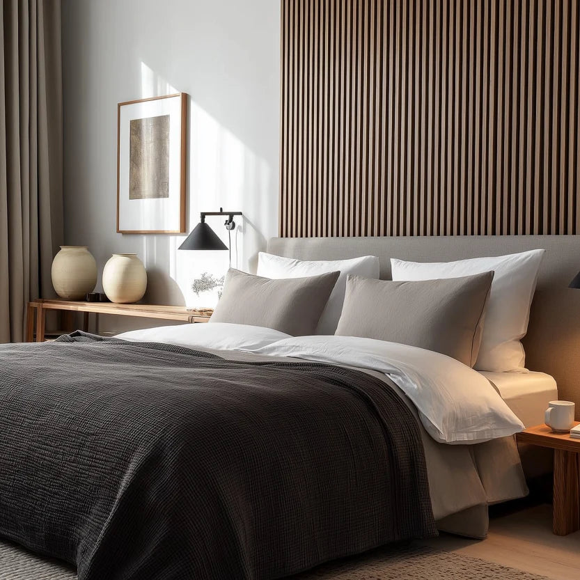 Sänggavel i akustikpanel, från golv till tak, bredd 245 cm, träslag ek (premiumutförande)