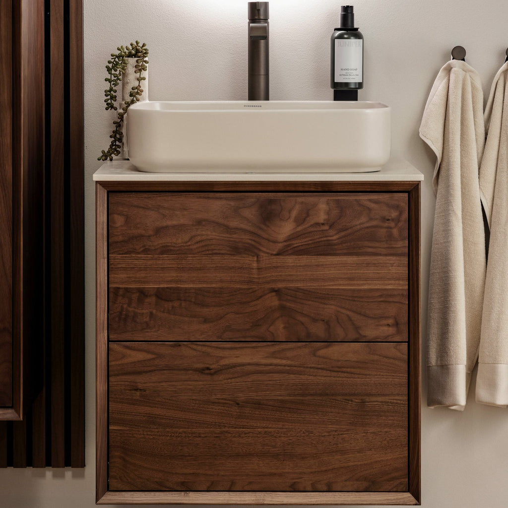 Kommod Massiv Valnöt 60 cm - IW60 + Porslinstvättställ vit/latte