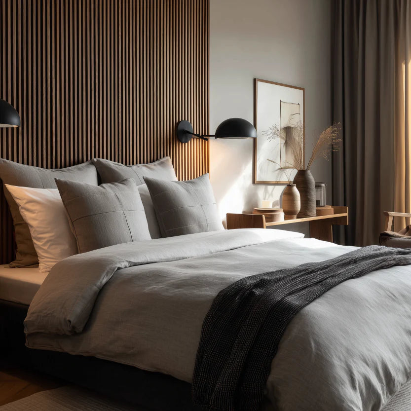 Sänggavel i akustikpanel, från golv till tak, bredd 185 cm, träslag valnöt (premiumutförande)