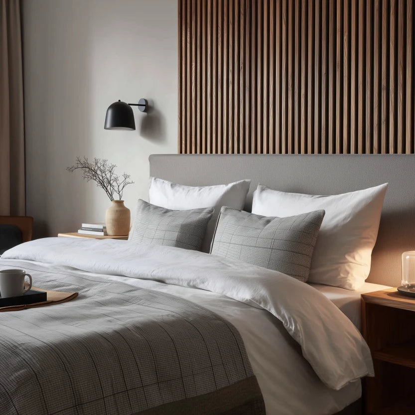 Sänggavel i akustikpanel, från golv till tak, bredd 245 cm, träslag Valnöt